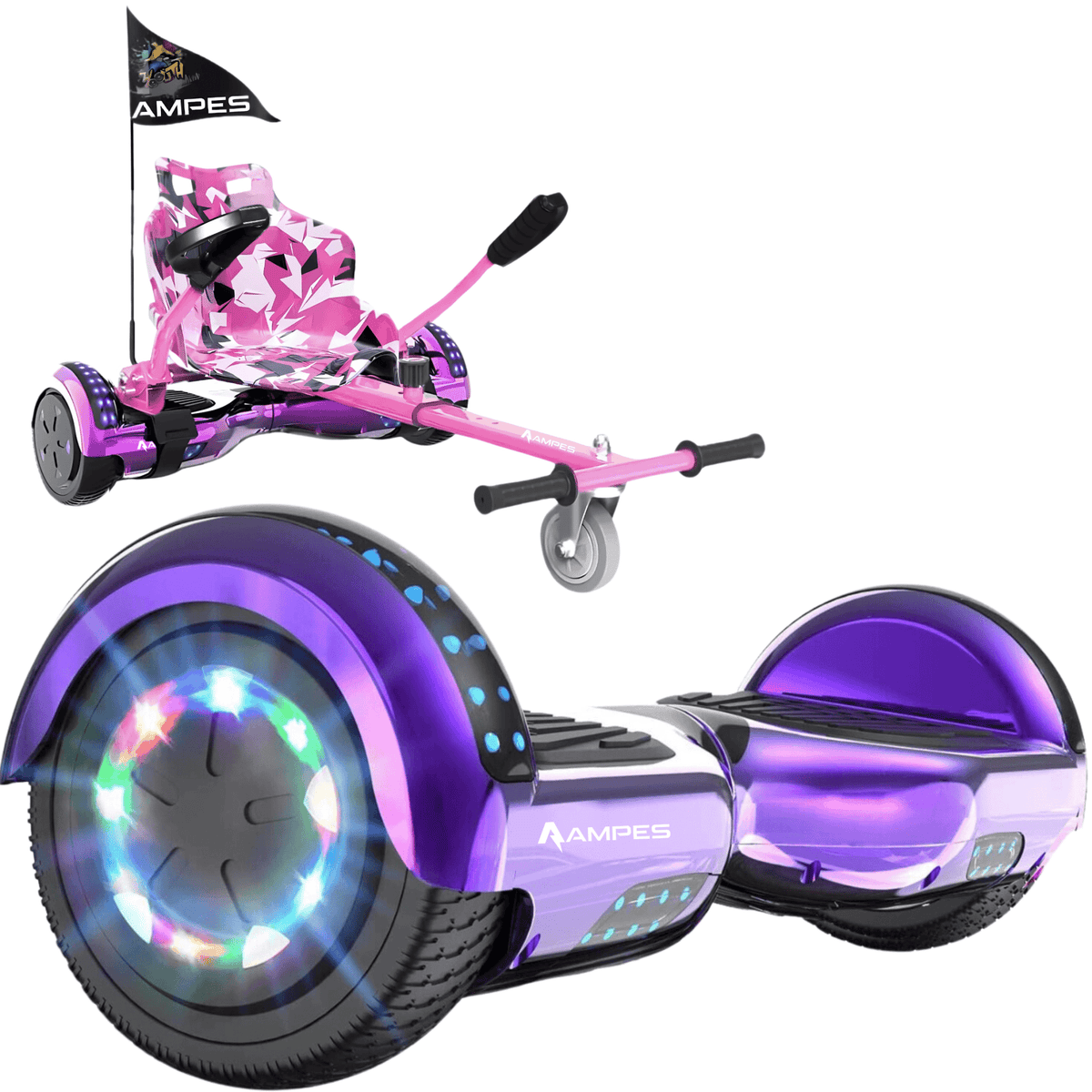 Ampes Hoverboard Chroom Paars + Hoverkart Roze - 6,5 inch met hoverkart