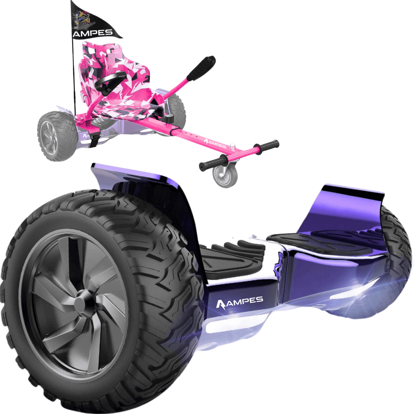 Ampes Off Road Hoverboard Chroom Paars + Hoverkart Roze - 8,5 inch off-road met bijpassende hoverkart